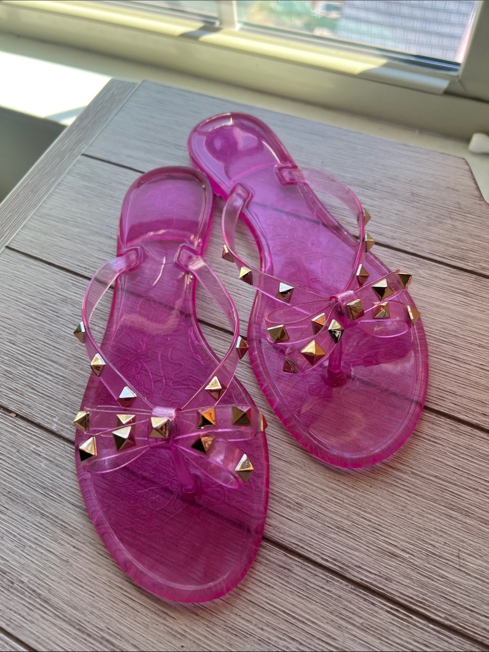 Women's Pink Studded Jelly Thong Sandals